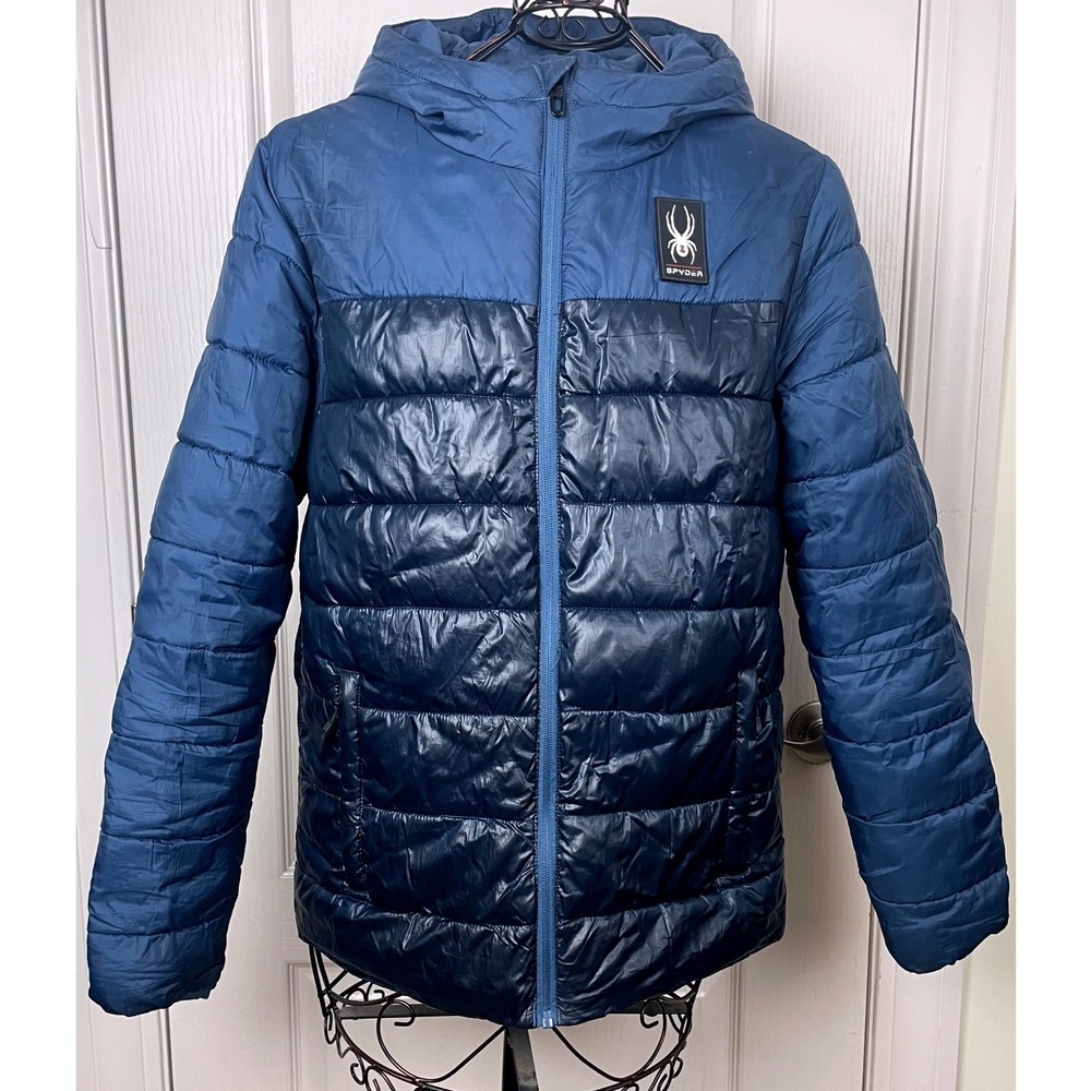 Spyder Mens Blue Circuit Block Puffer Jacket Hood Zip Quilted Coat Small Winter